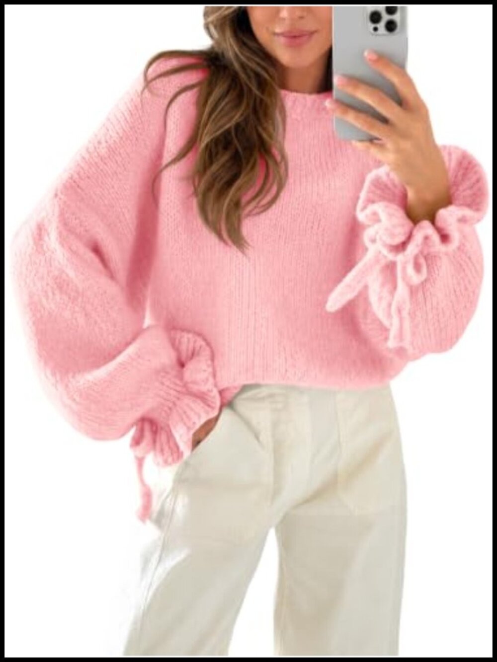 Womens Chunky Oversized Ruffle Sleeve Pullover Sweater 74% Acrylic